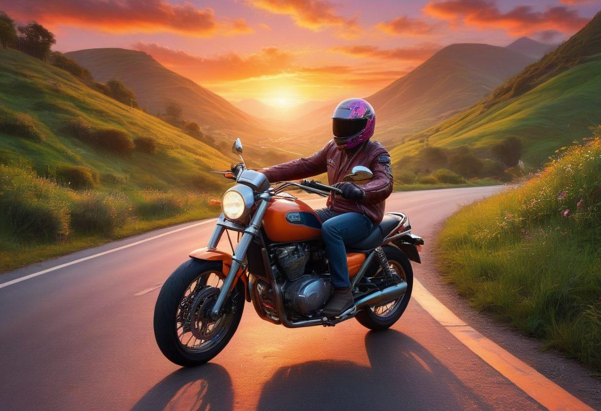 A scenic road winding through lush green hills, with a motorcyclist in a colorful helmet and leather jacket, expressing pure joy as they ride. In the distance, a sunset bathes the sky in vibrant orange and pink hues. Alongside, a few motorcycle repair tools scatter on the ground, symbolizing past disappointments. The scene conveys a sense of freedom, adventure, and resilience. vibrant colors. super-realistic. peaceful landscape.