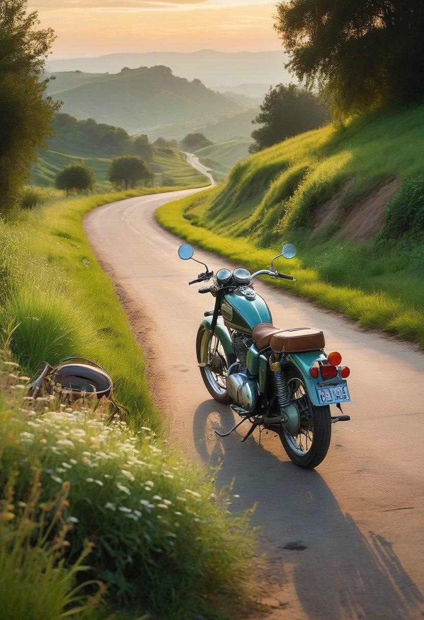 A serene landscape showcasing a winding road disappearing into the horizon, flanked by lush green hills under a dramatic twilight sky. In the foreground, a small, vintage motorcycle stands poised, casting a long shadow, symbolizing adventure and dreams. Soft light captures the delicate features of the bike, evoking a sense of nostalgia and longing. Whimsical elements like faded maps and a journal lay beside it, hinting at untold stories. watercolor painting. vibrant colors.